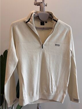 BOSS Cream Zip-Neck Textured Sweater